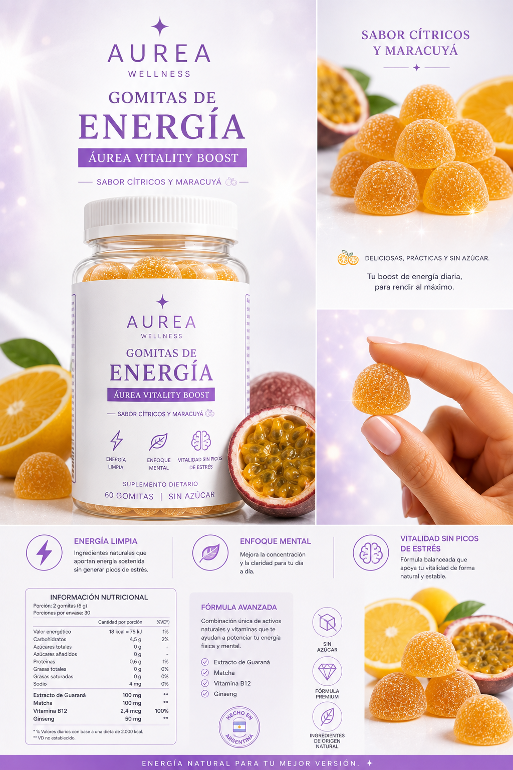 AUREA Vitality Boost - Gomitas de Energía sabor Cítricos y Maracuyá
