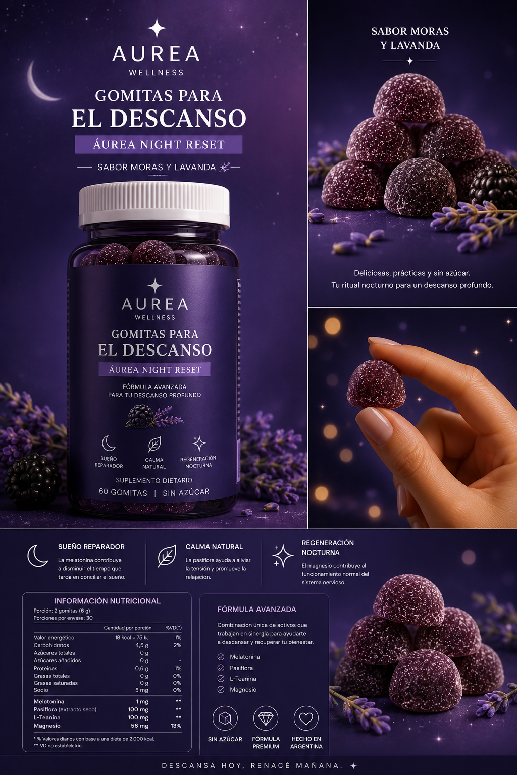 AUREA Night Reset - Gomitas para el Descanso sabor Moras y Lavanda